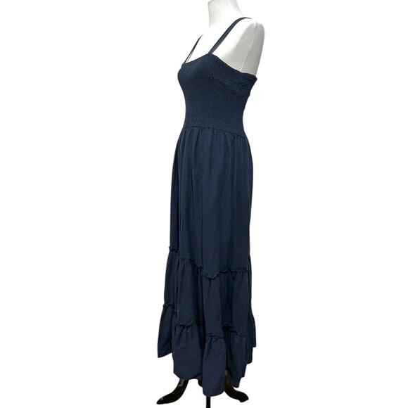 Falls Creek Linen Blend Dress Navy Blue Tiered Smocked Midi Womens Sz Large - Picture 5 of 9